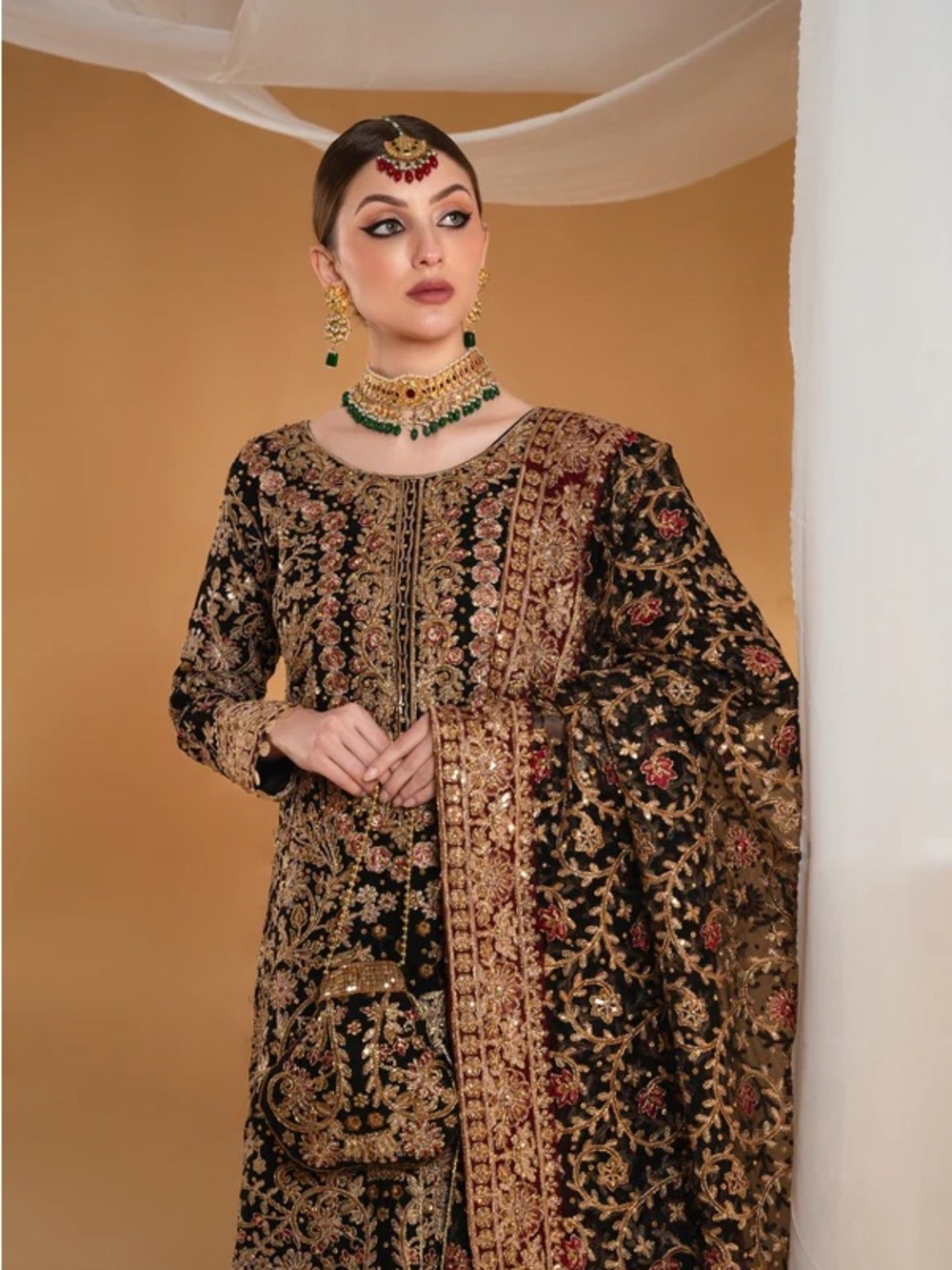 Haseens official Embroidered Black & Gold Traditional Tunic with Red Accents